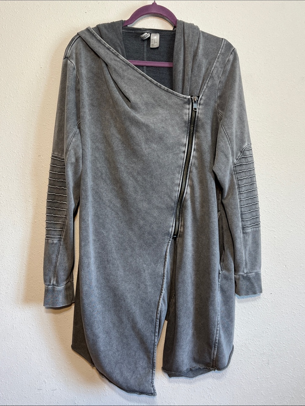 H&M Divided Washed Gray Asymmetrical Zip Up  Hooded Jacket Grunge Moto Size XL